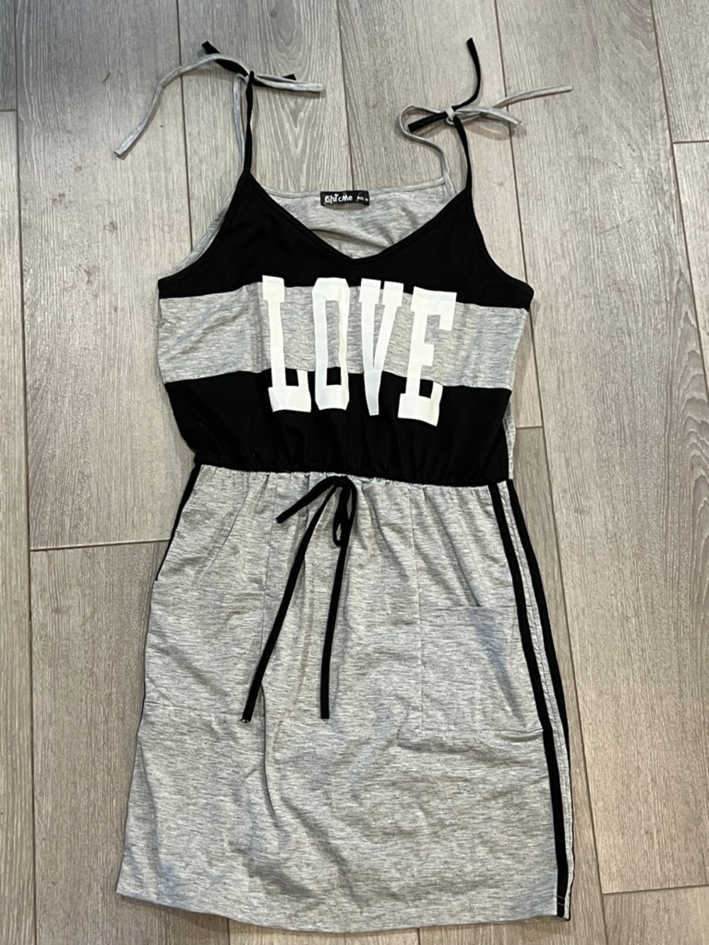 Casual Sleeveless Tie-Shoulder Heather Gray Dress with Black Side Stripe